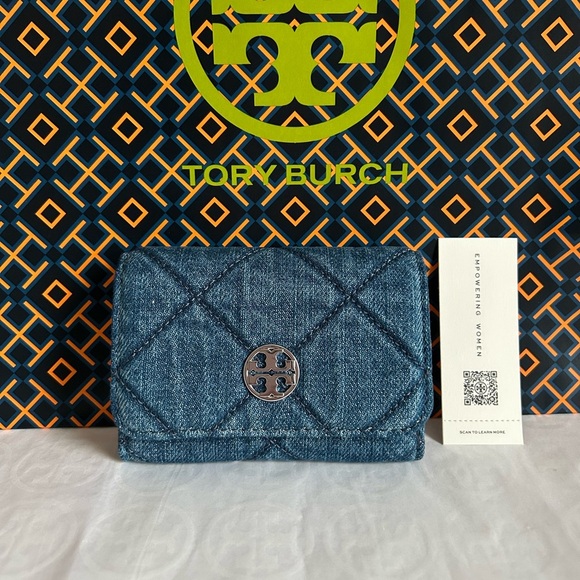 Tory Burch Willa Denim Card Case Denim Silver Blue Card Wallet - Picture 1 of 9